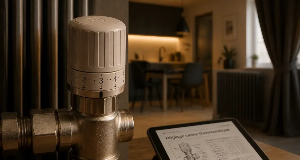 Fonctionnement vanne thermostatique : tête de radiateur en réglage 1 à 5