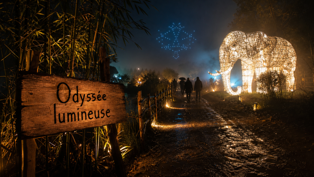 Illumination parc floral : sentier et éléphant de lumière