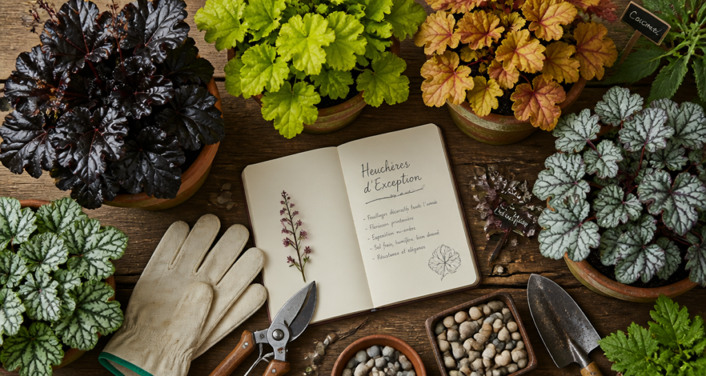Les plus belles heuchères en pots, feuillages colorés sur table