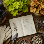 Les plus belles heuchères en pots, feuillages colorés sur table