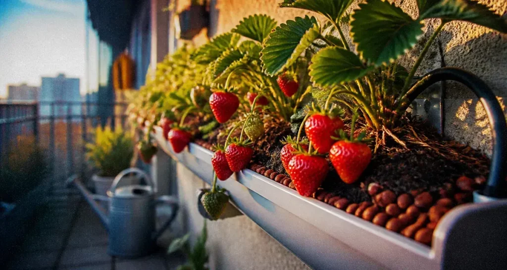 Plantation fraisier en hauteur sur balcon, fraisiers en gouttière PVC, fruits rouges