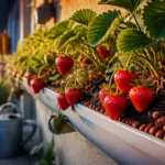 Plantation fraisier en hauteur sur balcon, fraisiers en gouttière PVC, fruits rouges