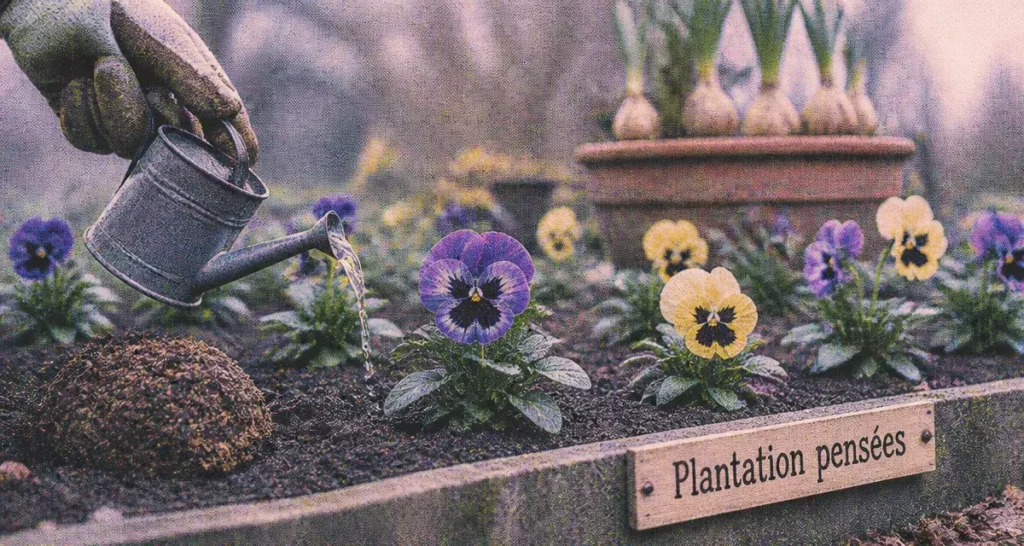Quand planter des pensées : plantation au sol, fleurs violettes et jaunes