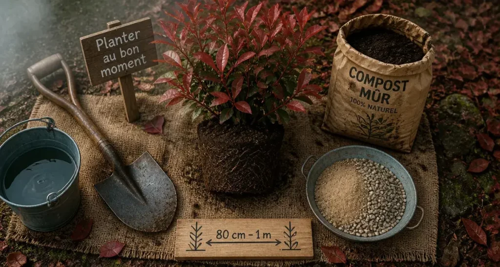 Quand planter photinia : motte en pot et distances de plantation 80 cm