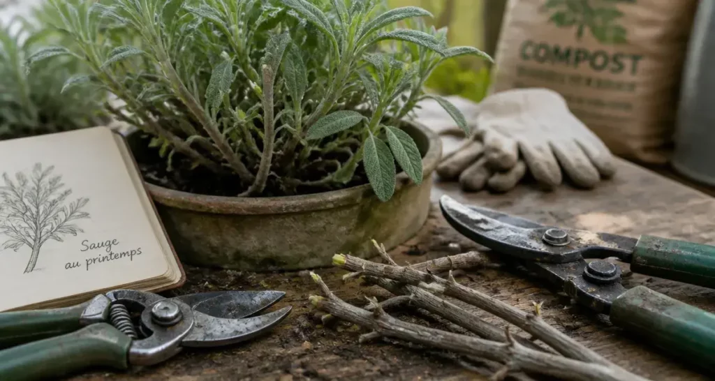 Quand tailler les sauges : sécateur sur sauge, bourgeon frais, anti-bois mort