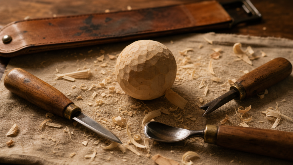Sculpture sur bois outils : couteau de sculpture, gouge et burin, sur établi