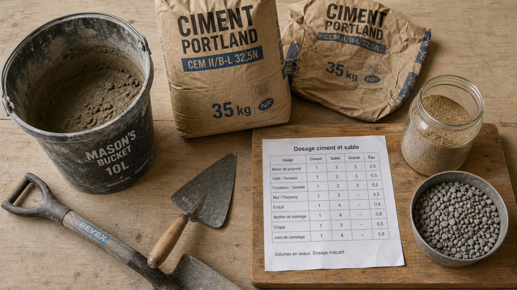 Tableau dosage ciment sable sur table : ratios ciment et sable
