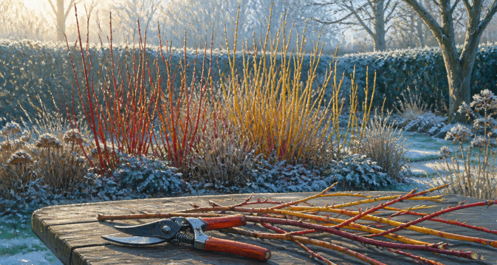 taille des cornouillers branches colorées hiver