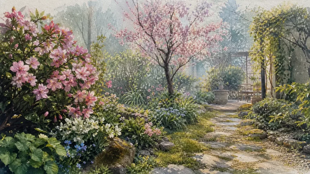 Arbre fleurs roses printemps dans un jardin fleuri