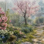 Arbre fleurs roses printemps dans un jardin fleuri