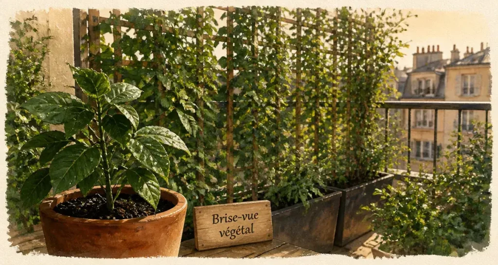 Brise vue plante sur terrasse : treillis grimpant et plantes persistantes