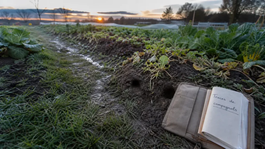 Campagnols : coulée au sol menant à deux entrées de terrier au jardin