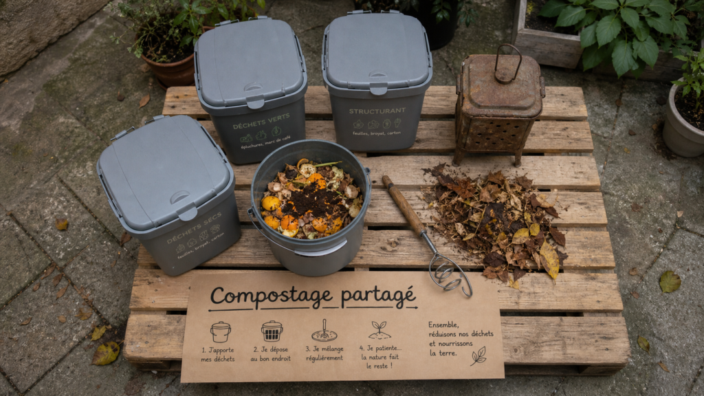 Photo compostage collectif : bioseaux et épluchures dans une cour
