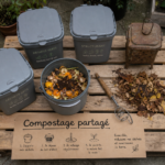 Photo compostage collectif : bioseaux et épluchures dans une cour