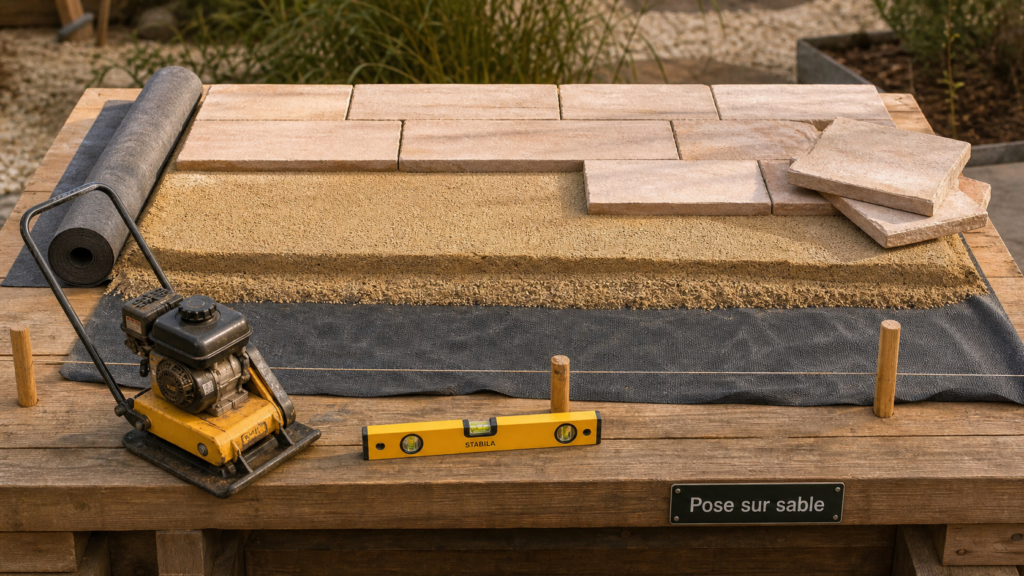 Dalles sur sable sur lit de sable tassé pour terrasse stable