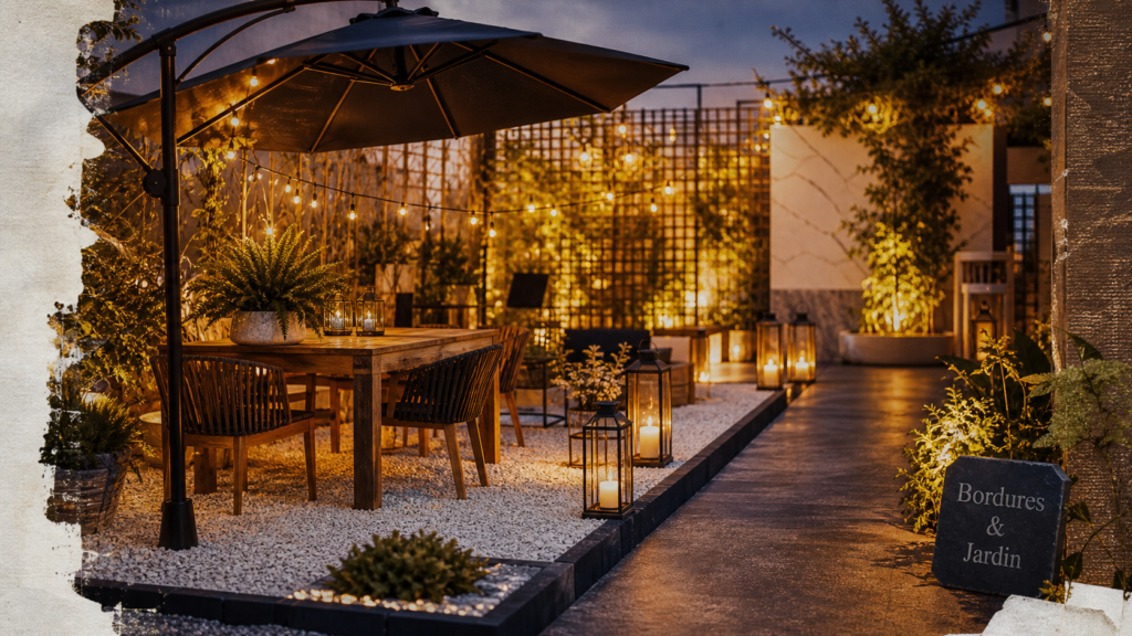 Déco jardin extérieur : terrasse avec bordures et plantes au soir