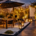 Déco jardin extérieur : terrasse avec bordures et plantes au soir