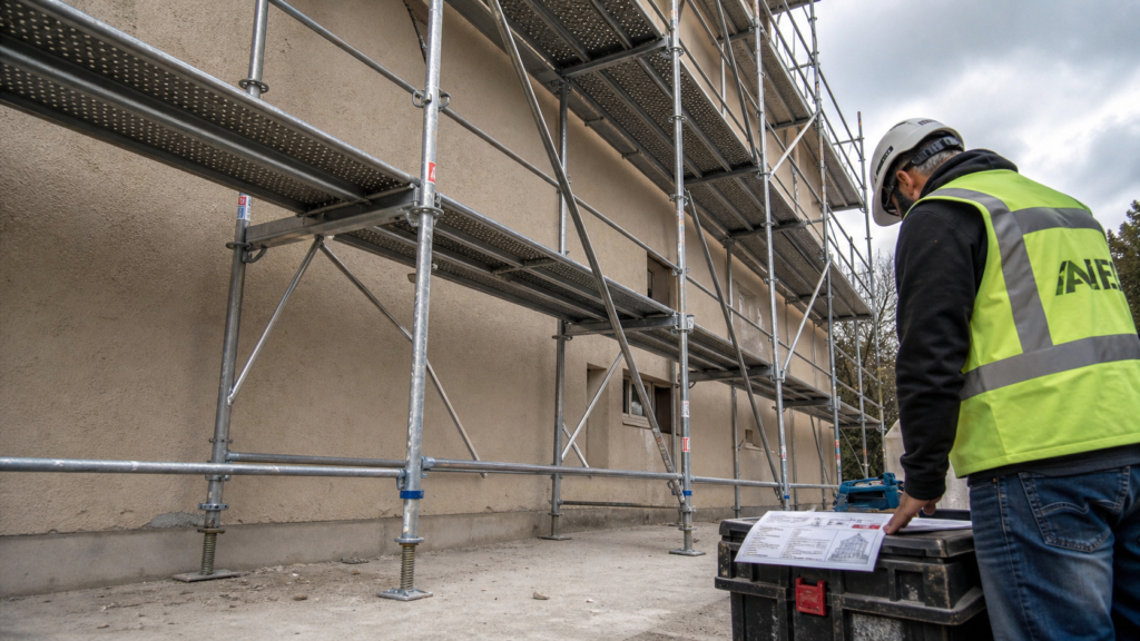 Echafaudage fixe sur chantier de façade, acier galvanisé, garde-corps et planchers antidérapants