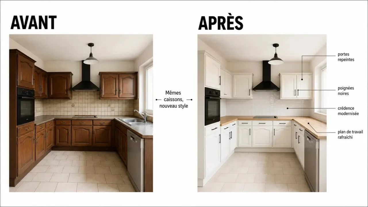 Rénover sa cuisine sans changer les meubles avec un avant/après de portes repeintes, poignées noires et crédence modernisée