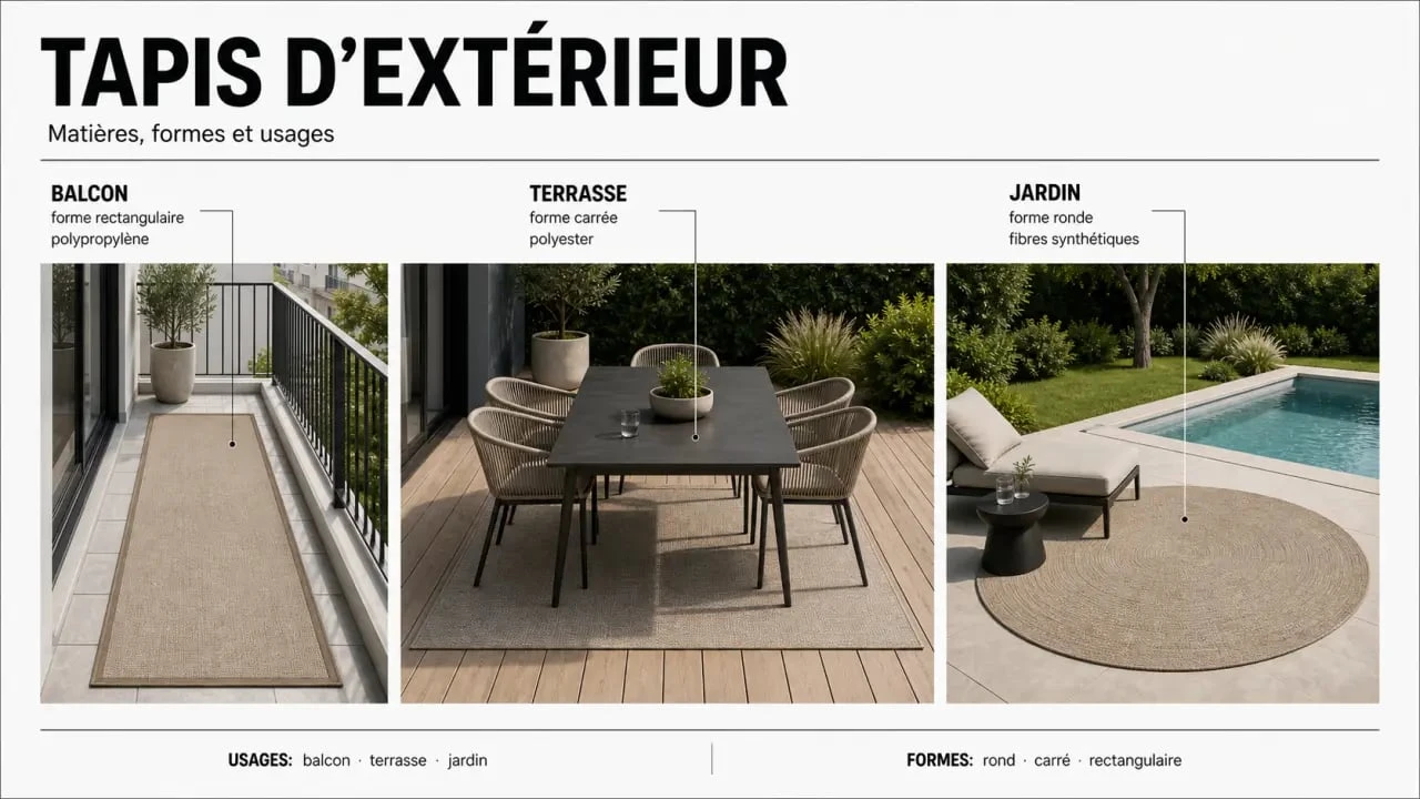 Tapis d'extérieur : visuel comparatif des formes, matières et usages pour balcon, terrasse et jardin