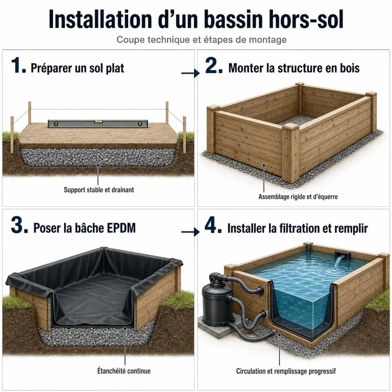 Étapes d'installation d'un kit bassin poisson hors sol dans un jardin