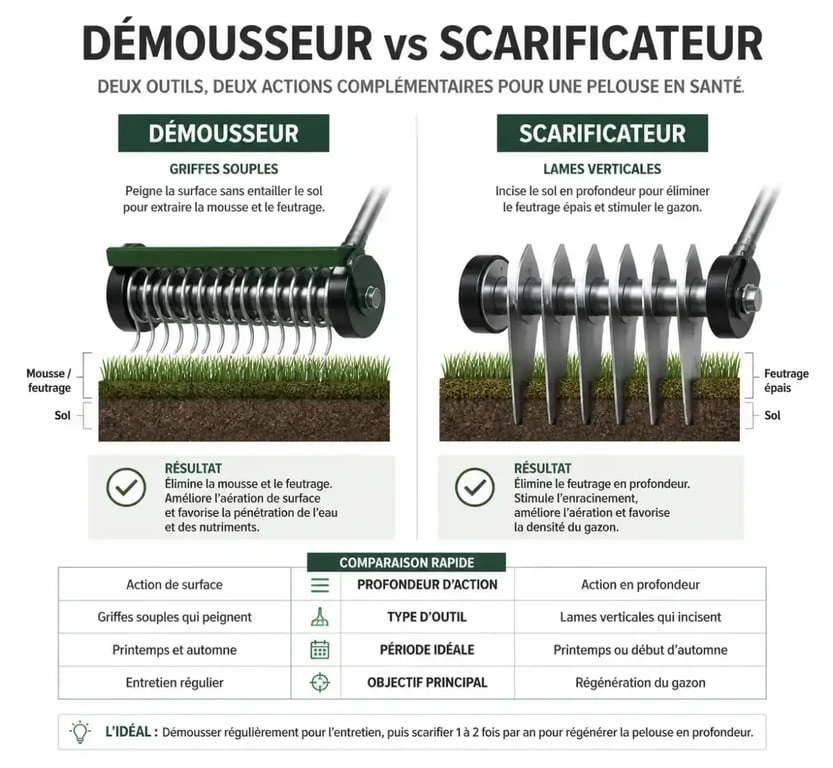Tableau comparatif illustré : différence entre démousseur et scarificateur pour l'entretien de la pelouse
