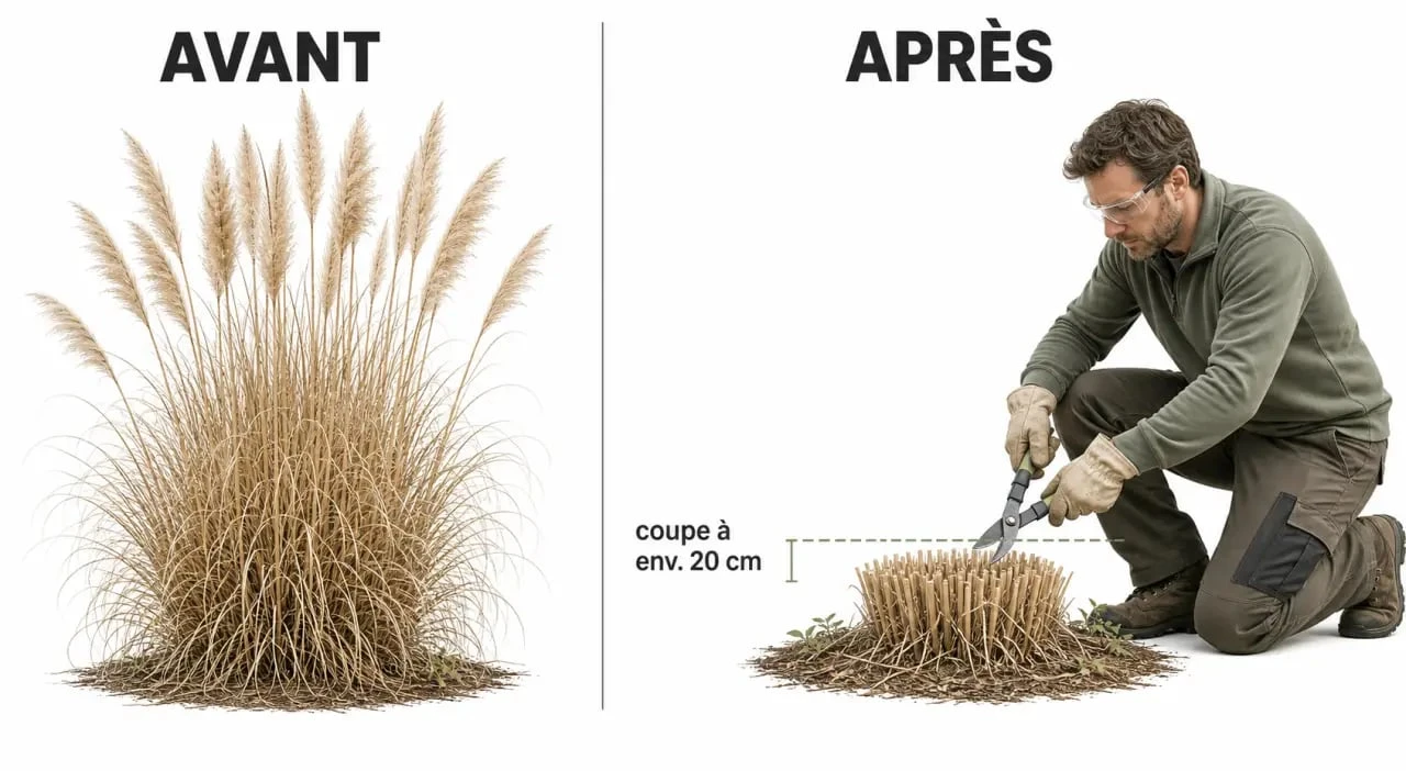 Taille pampa au printemps : coupe à 20 cm du sol avec gants et lunettes de protection