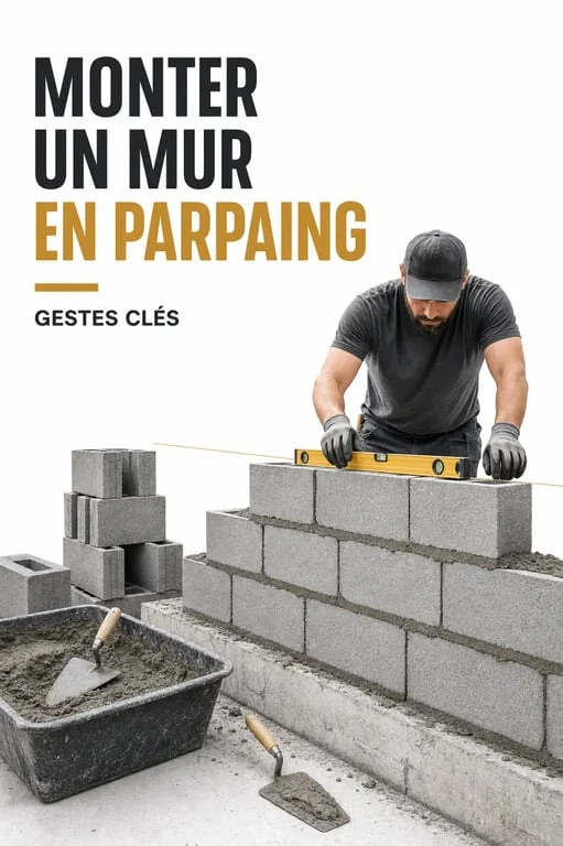 Monter un mur en parpaing : illustration d’un chantier avec alignement au cordeau et pose des blocs