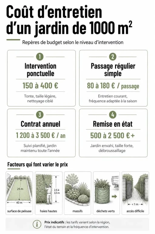 Coût entretien jardin 1000 m2 : infographie des budgets selon le type d’entretien