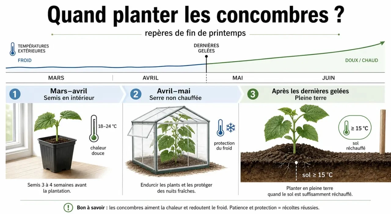 Jusqu'à quand planter des concombres : calendrier visuel des semis en intérieur, serre et pleine terre après les dernières gelées