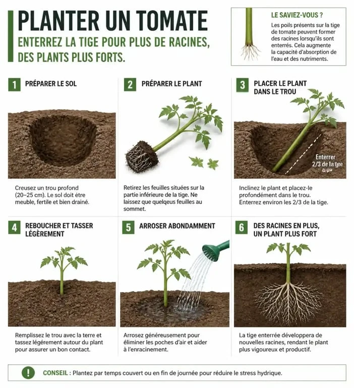 Étapes de plantation d'un plant de tomate en pleine terre