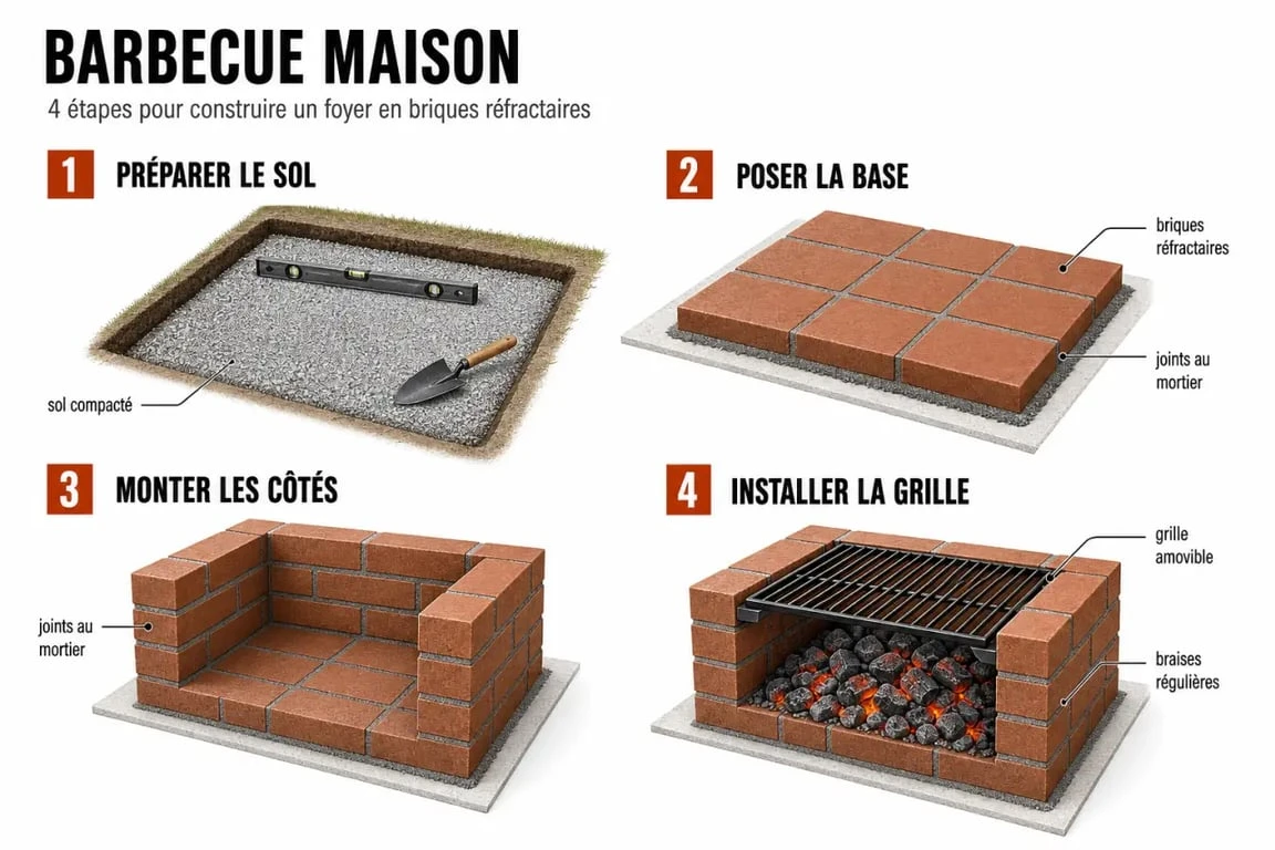 Faire un barbecue maison pas à pas dans un jardin, avec foyer en briques réfractaires et grille prête à l’emploi