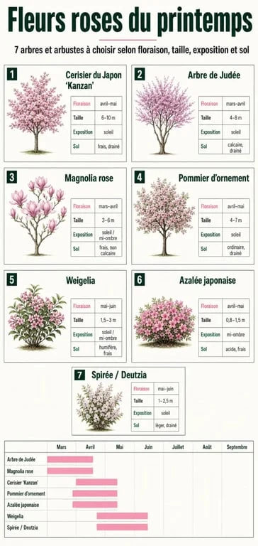 Arbre fleurs roses printemps : infographie comparative des espèces à floraison rose et calendrier de floraison