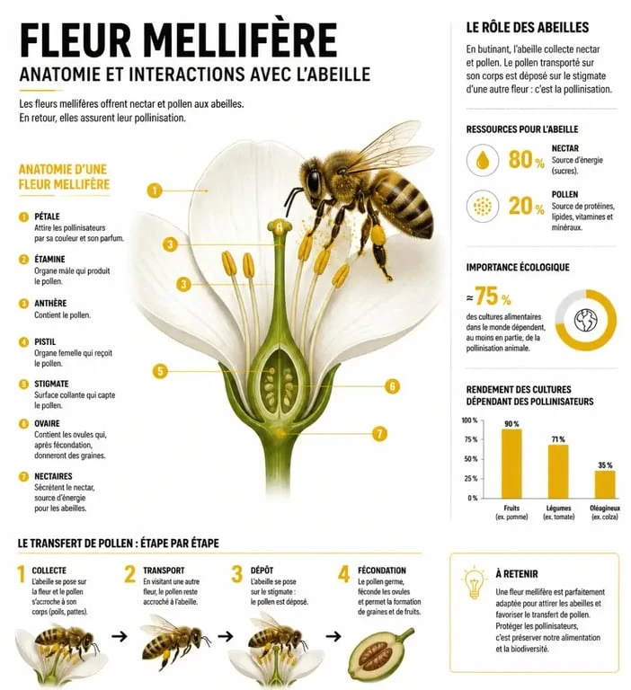 Schéma explicatif de la morphologie d'une plante mellifère et de son interaction avec les abeilles pour la pollinisation.