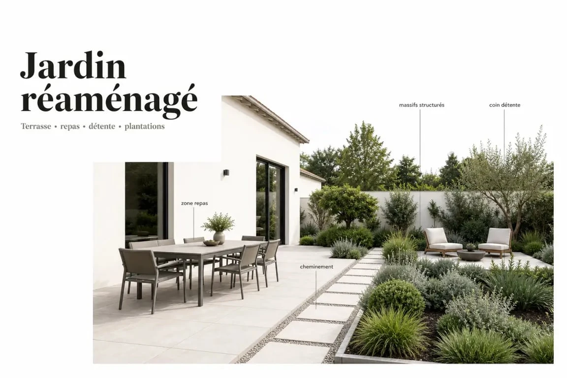 ia aménagement jardin gratuit chatgpt : exemple visuel d’un jardin réaménagé avec terrasse, plantations et coin détente