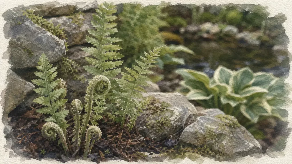 Fougères plantes extérieur en jardin ombragé, sol frais et humifère