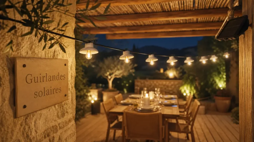 Guirlandes solaires extérieures sur terrasse, lumière chaude