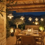 Guirlandes solaires extérieures sur terrasse, lumière chaude
