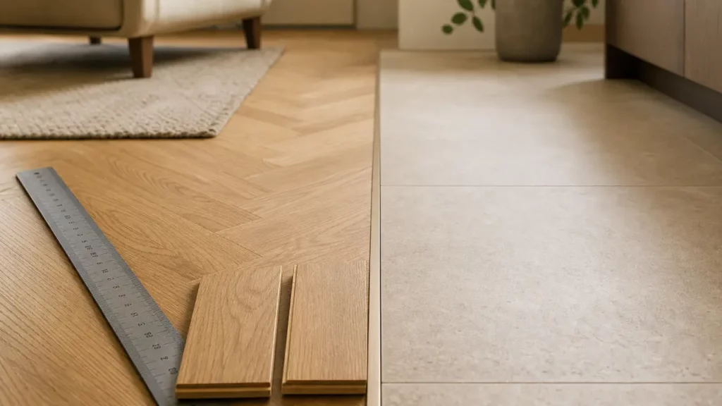 Jonction salon parquet cuisine carrelage, profilé de transition fin entre parquet et carrelage.