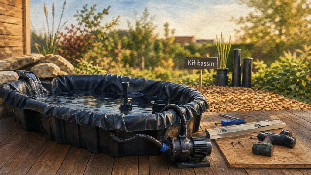Kit bassin poisson hors sol en installation sur terrasse avec pompe et bâche