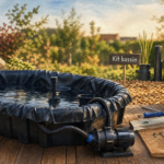 Kit bassin poisson hors sol en installation sur terrasse avec pompe et bâche