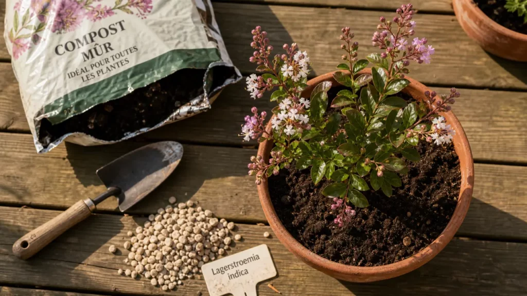 Lila des indes floraison : jeune Lagerstroemia en pot, boutons rose mauve