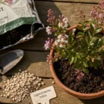 Lila des indes floraison : jeune Lagerstroemia en pot, boutons rose mauve