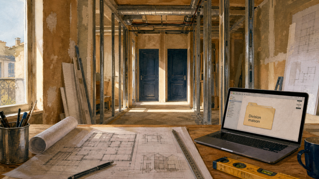Maison divisée en 2 logements : permis et budget, vue intérieure depuis couloir