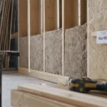 Mur à ossature bois en chantier : contreventement visible