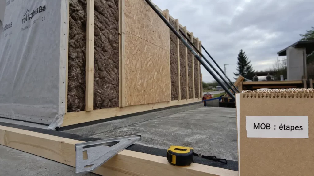 Mur à ossature bois en chantier : contreventement OSB et bardage