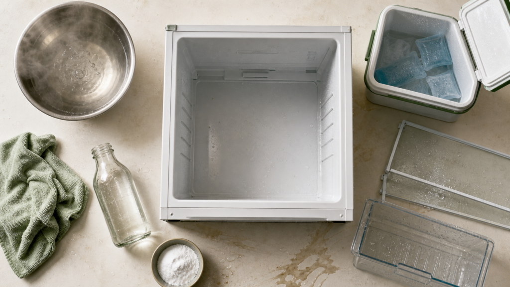 Nettoyer frigo au vinaigre doux : chiffon, eau tiède et bicarbonate
