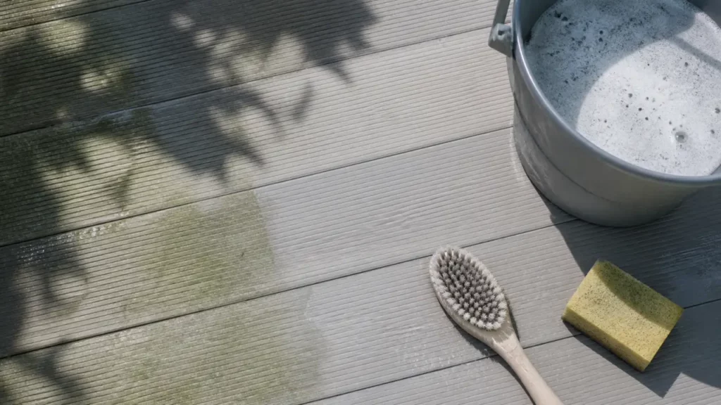 Nettoyer terrasse en composite avec eau savonneuse anti-mousse