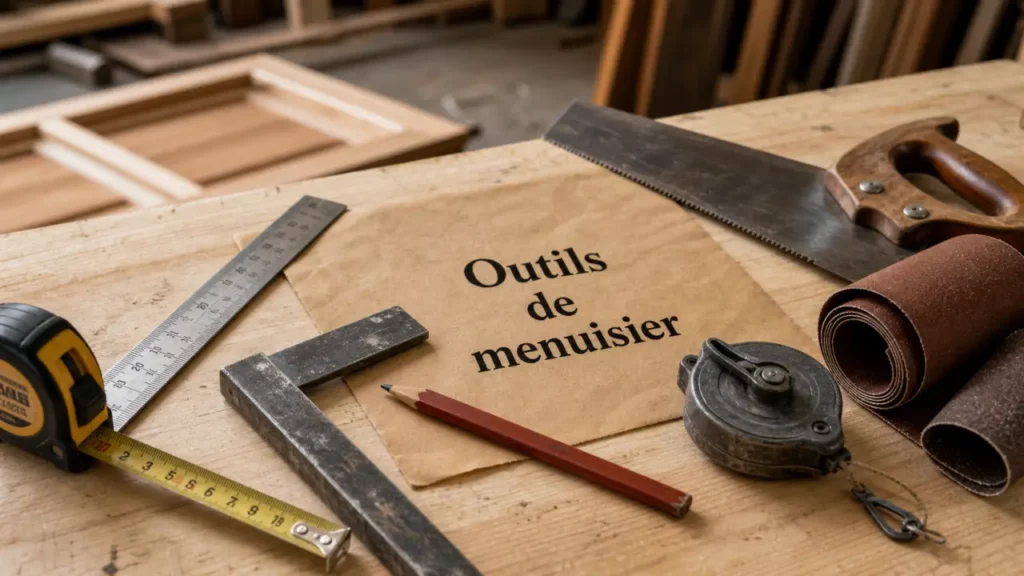 Outil de menuisier pour mesurer et tracer : règle, équerre, mètre ruban