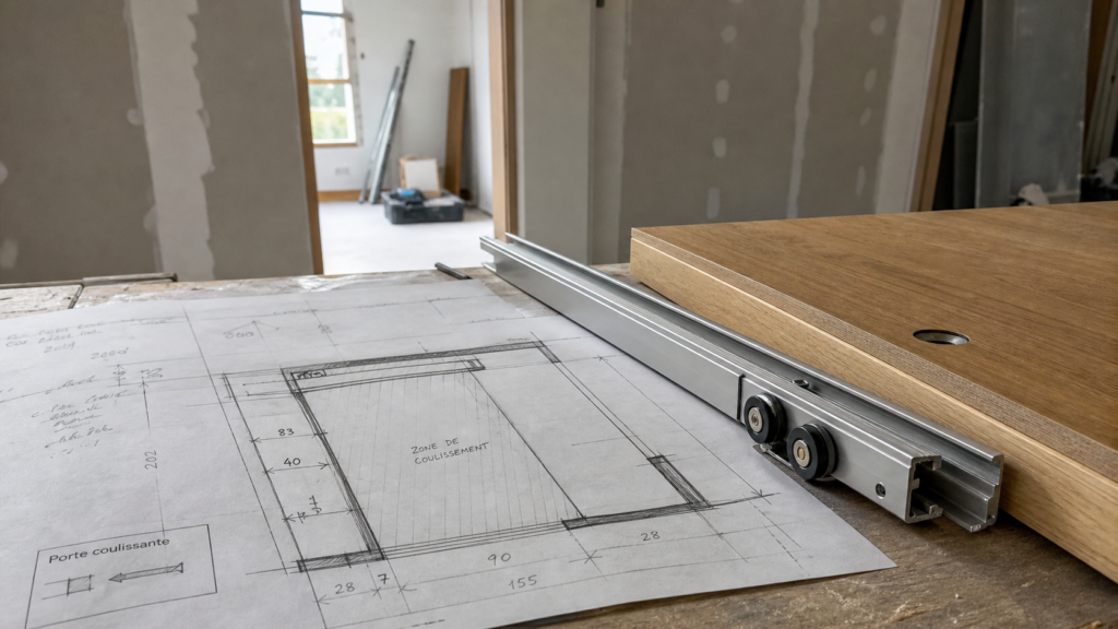 Plan porte coulissante : cotes, rails et points de contrôle pour pose